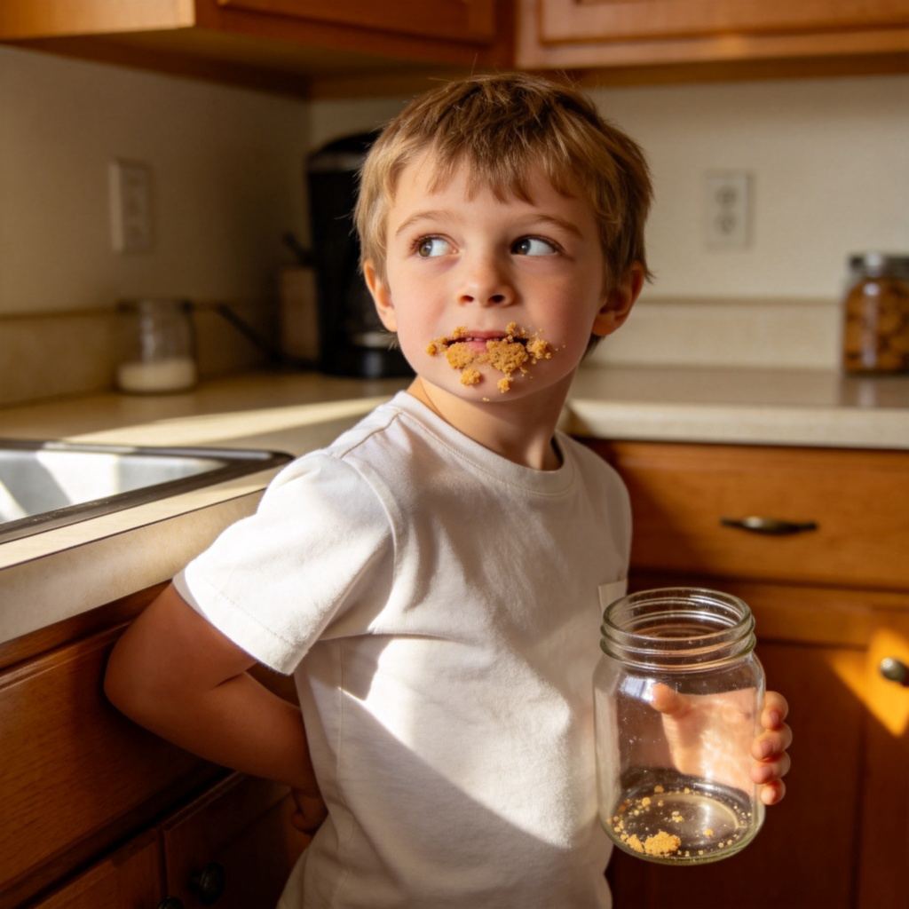 A child caught with an empty cookie jar, looking away and saying "No" with one hand behind their back. The focus is on the child's guilty facial expression and the obvious cookie crumbs around their mouth. Bright, clear lighting in a kitchen setting. No text.