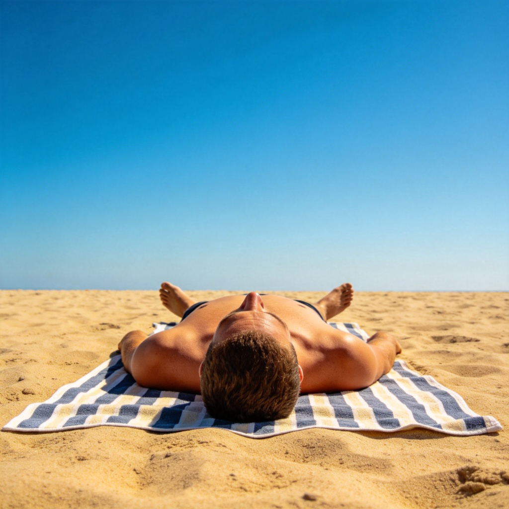 A person lying flat on their back on a striped beach towel on the sand, arms relaxed by their sides, facing a clear blue sky. The body is in full view, horizontal and at rest. Bright sunlight, simple beach background. No text.