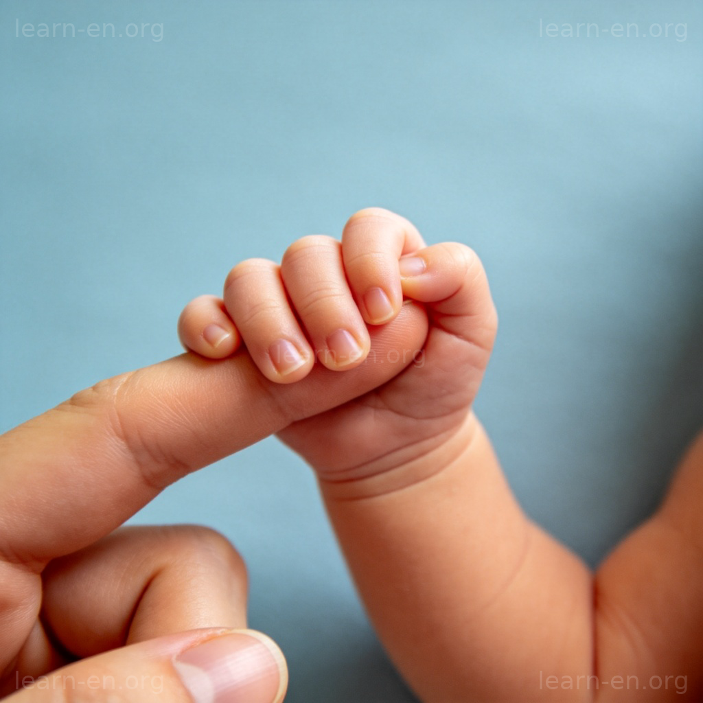 Life meaning illustrated by a newborn's hand grasping an adult finger, symbolizing birth and connection.