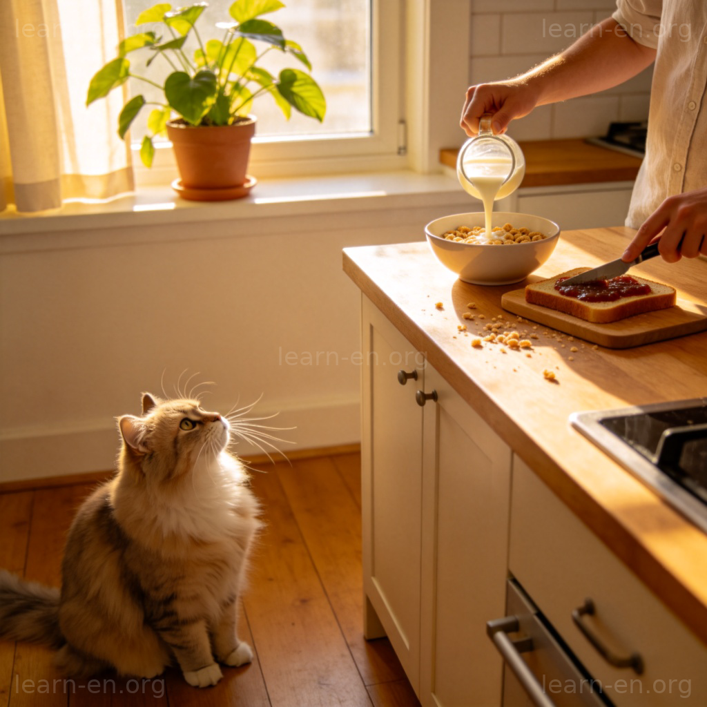 Life as daily routine shown in a warm kitchen scene with breakfast preparation and a pet.