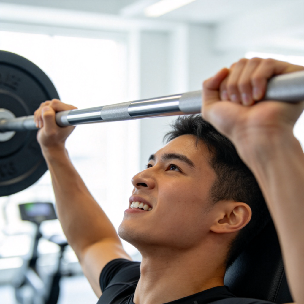 A person in gym clothes, face showing effort, performing a deadlift with a barbell in a clean, well-lit gym. Focus on the person's hands gripping the bar and the upward motion. No text or distracting backgrounds.