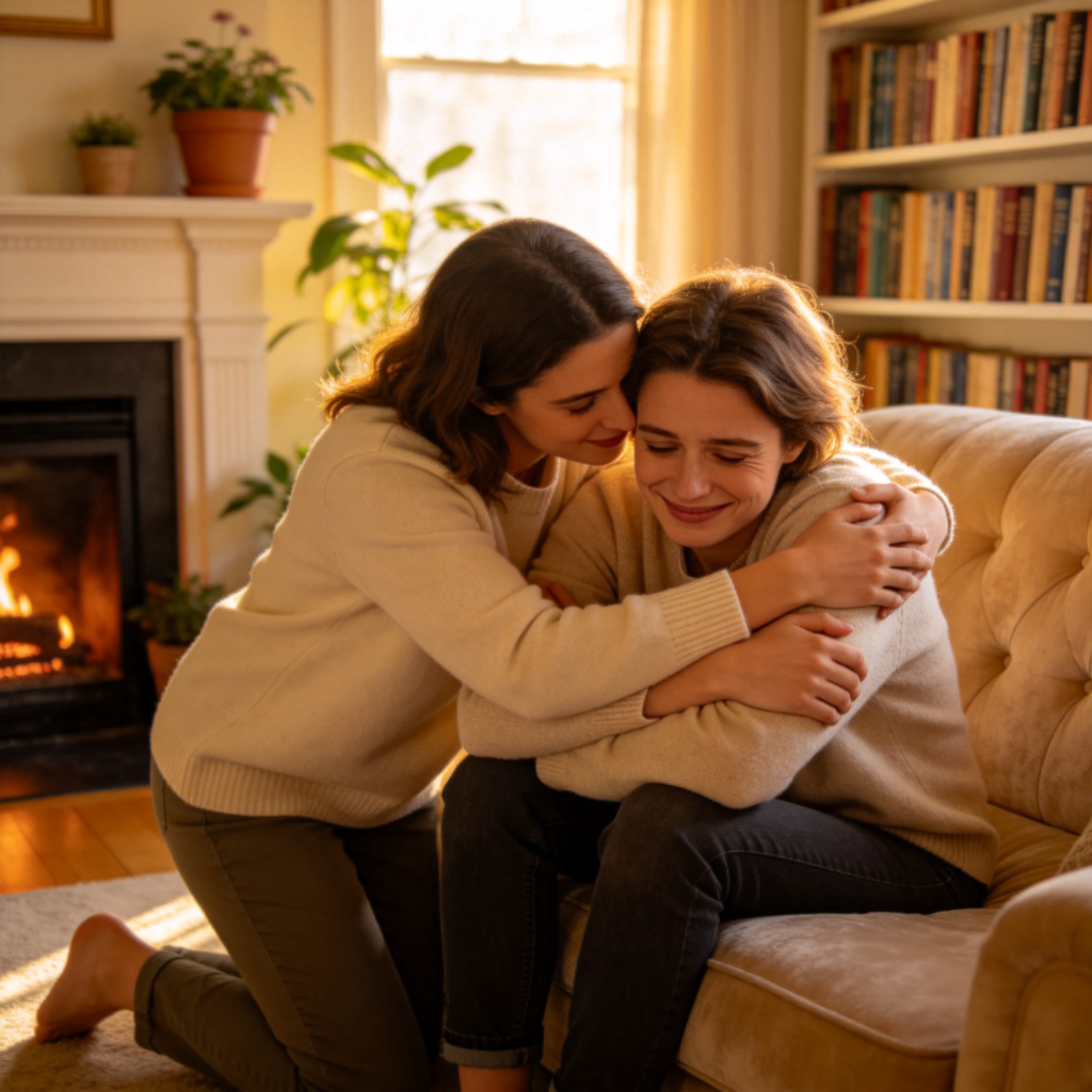 A person looking sad, then receiving a warm hug from a friend, with their facial expression visibly changing to a smile. Soft, warm lighting in a cozy living room setting. No text.