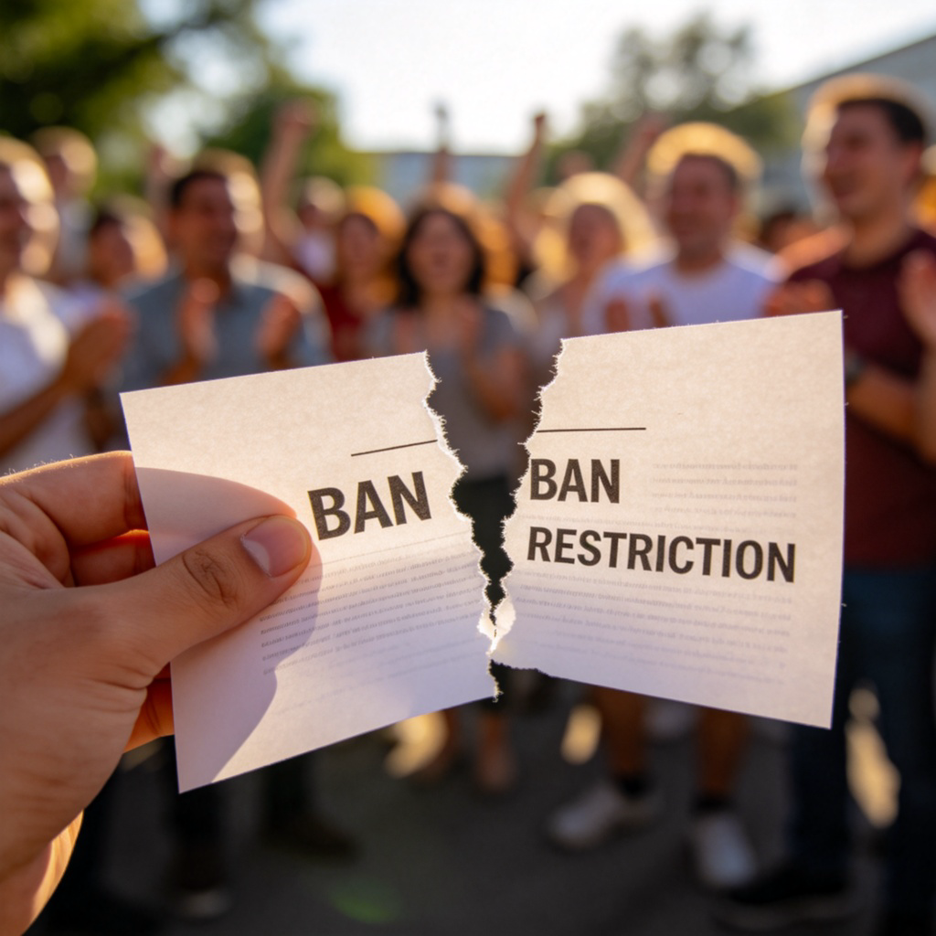 A hand tearing a printed paper that says "BAN" or "RESTRICTION" in half, with a relieved crowd in the slightly blurred background. Daylight, realistic style. No recognizable logos or text aside from the torn paper.