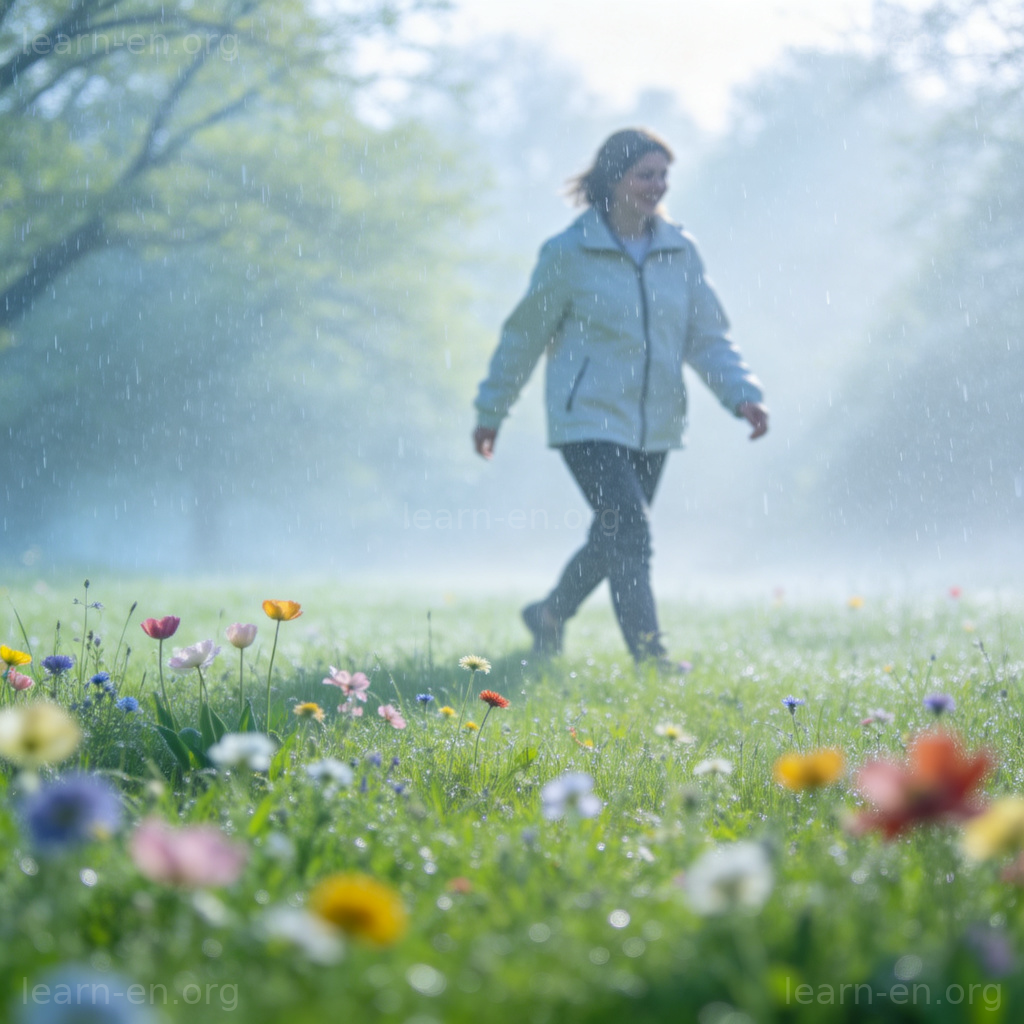 A peaceful park scene in spring, with very fine raindrops almost invisible in the air, gently misting over green grass and flowers. A person is walking happily without an umbrella.