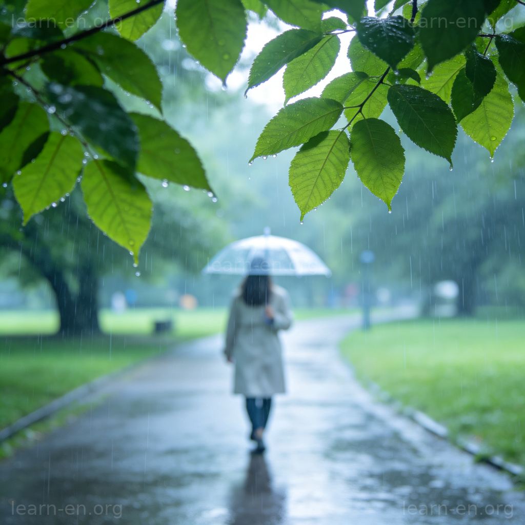 Light rain falling on green leaves and a park path with umbrella