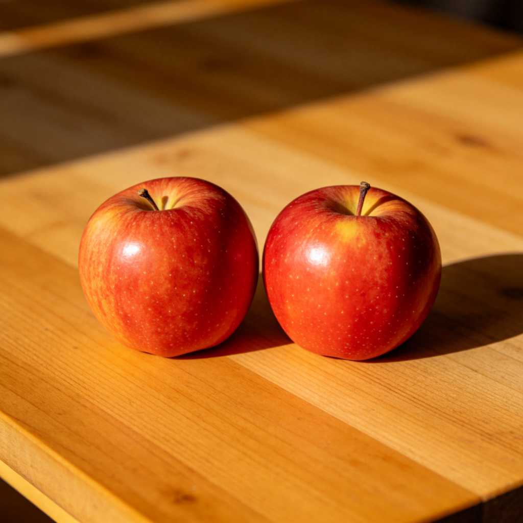 Two ripe red apples placed side by side on a wooden table. They are almost identical in size, shape, and color, clearly illustrating similarity. Natural daylight, sharp focus on the apples. No text.