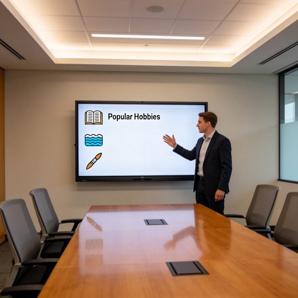 A presenter standing in front of a screen, pointing at a bullet point list that says "Popular Hobbies" with icons for reading, swimming, and painting next to the words. The presenter is gesturing towards the list. Modern meeting room setting. No text on the screen except the example titles.