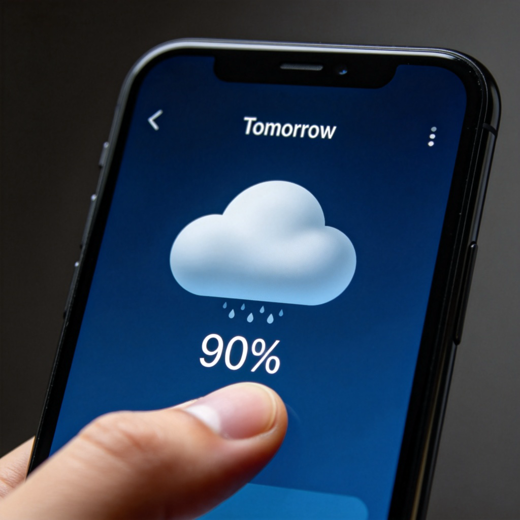 A close-up view of a smartphone screen showing a weather app. The screen clearly displays a forecast for 'Tomorrow' with a large cloud icon and a high percentage (e.g., 90%) of rain. The person's thumb is hovering over the screen. Clean, modern interface, sharp focus. No text other than the simulated app icons and numbers.