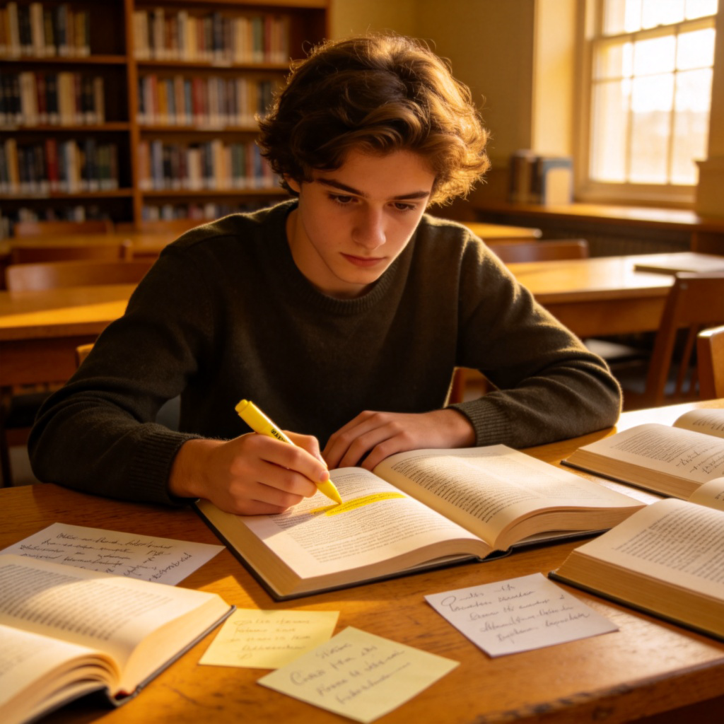 A focused student sits at a desk in a library, surrounded by open textbooks and notes. They are highlighting a page with a yellow marker, showing preparation and dedication. Warm, natural light from a window falls on the books. The scene suggests they are likely to succeed in their studies.