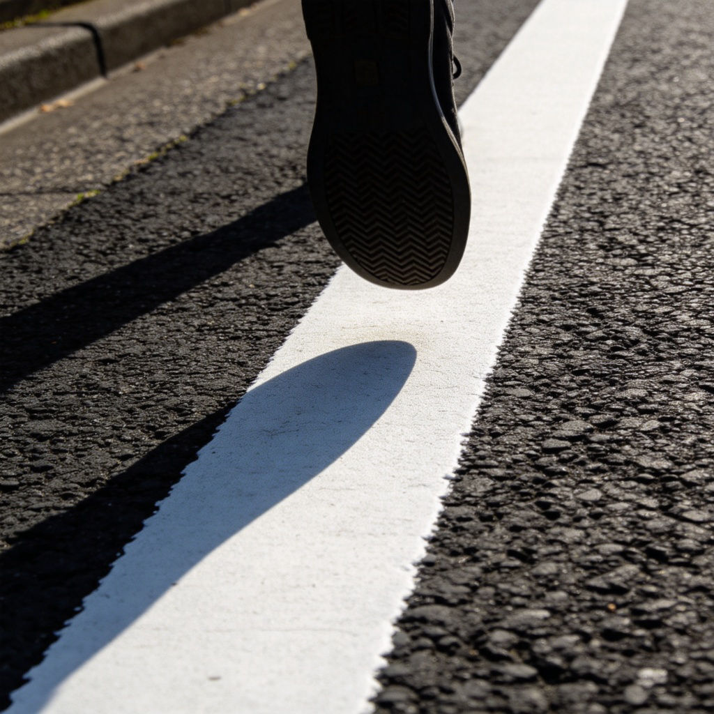 A close-up, high-contrast photograph of a white painted line on dark asphalt, clearly separating a pedestrian walkway from a road. A person's foot is visible, hovering just above but not crossing the line. Sharp focus, daytime. No text or logos.