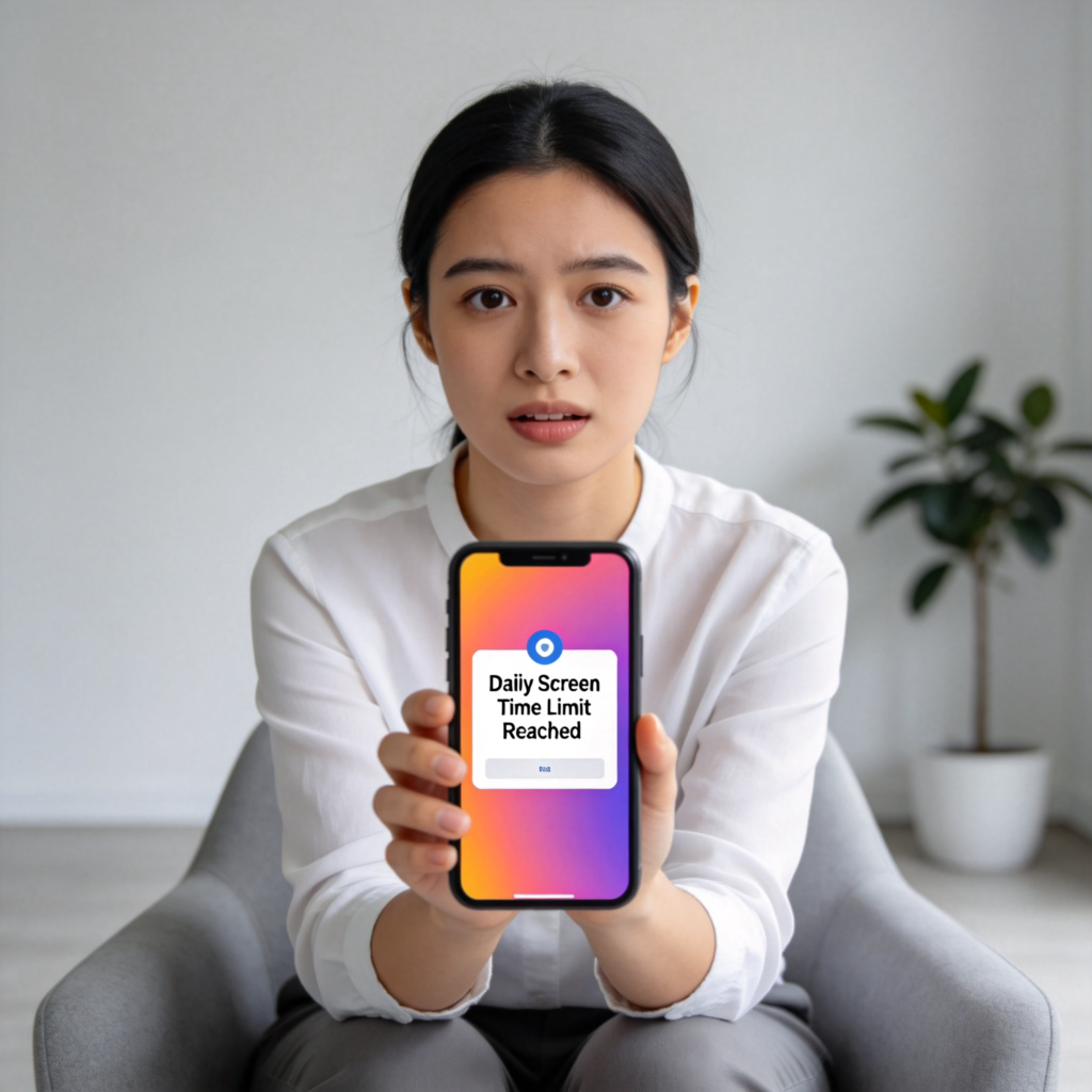 A person looking at a smartphone screen showing a brightly colored app notification that reads 'Daily Screen Time Limit Reached'. The person's expression is one of mild surprise or acceptance. Clean, modern room background. No text on the phone screen other than the notification.