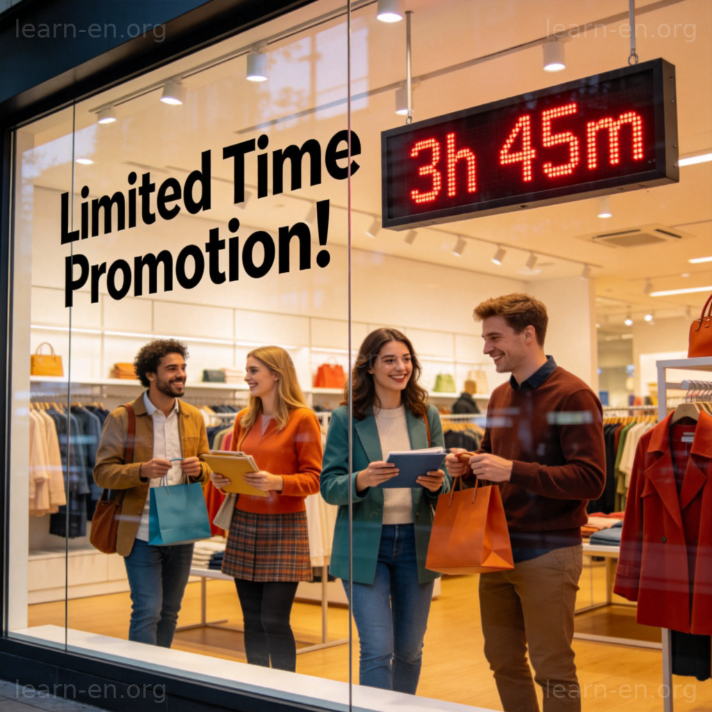 Limited Time Promotion sign with countdown clock and shoppers