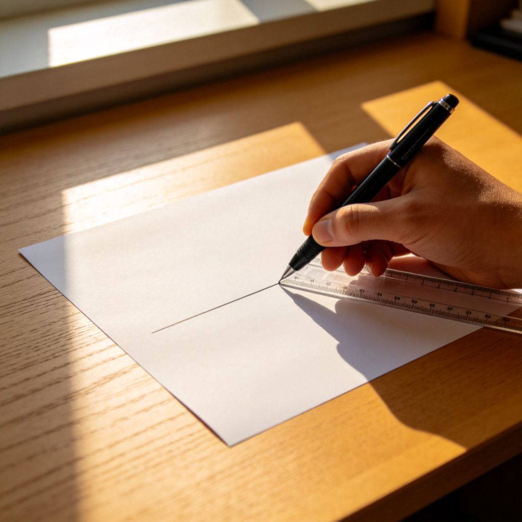 A close-up of a hand using a black pen and a clear plastic ruler to draw a sharp, straight line on a piece of white paper. The paper is on a wooden desk, with natural light from a window. The line is the central focus, clear and distinct. No text.