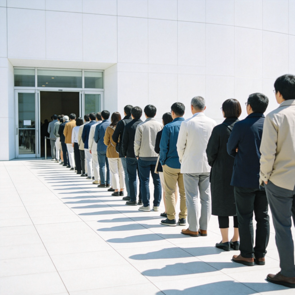 A diverse group of people standing in a neat single-file line outside a bright, modern museum entrance. They are facing forward, waiting calmly. The line stretches from the foreground to the entrance door in the background. Sunny day, clean and orderly scene. No text.