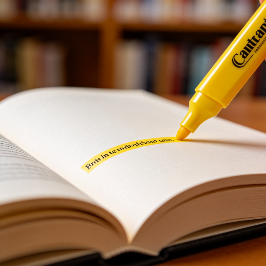A close-up view of an open book, with a yellow highlighter pen marking a single, complete line of printed black text. The rest of the page is clean and unmarked, the background is a soft, blurred bookshelf. Focus is on the highlighted line. No text on the book cover visible.