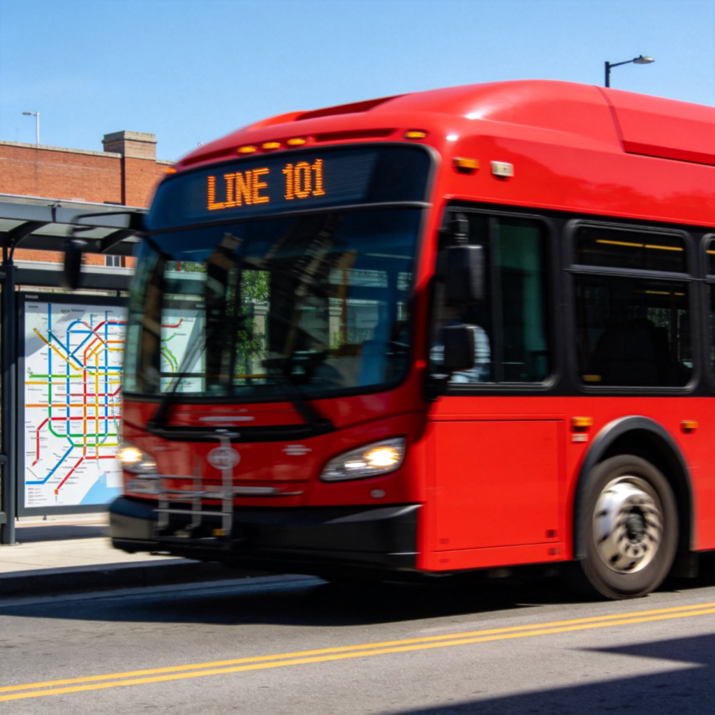 A modern red city bus on a city street, with a clear digital sign on the front showing its line number (e.g., 'LINE 101'). The bus is in motion, with a bus stop and a city map showing colored routes in the background. Sunny, clear day. No logos or text except the line number.