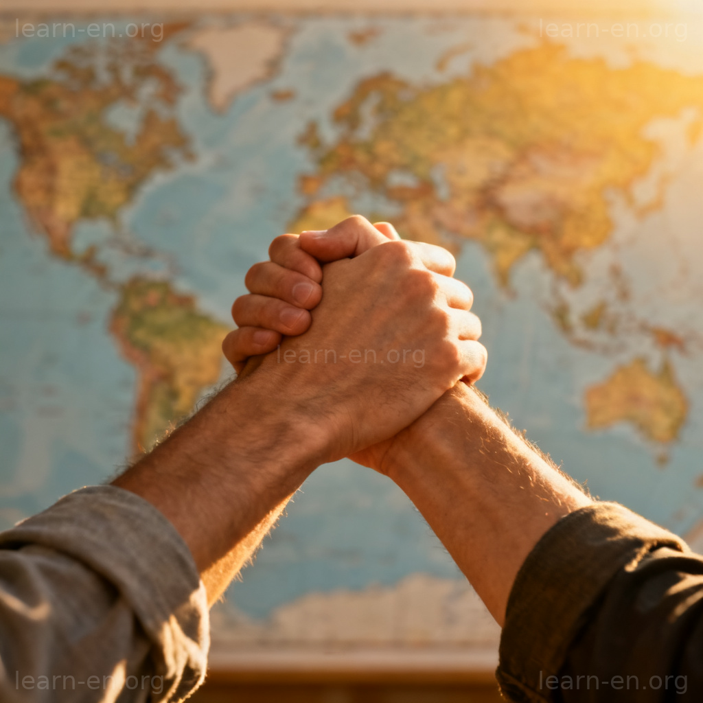 Link as connection: two hands clasping over a map, symbolizing global bonds.