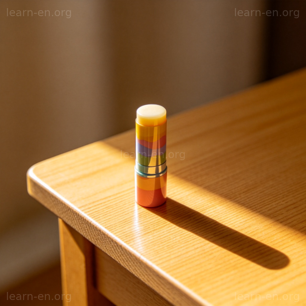 lip balm 润唇膏图解：彩色管状润唇膏置于木桌，阳光照射