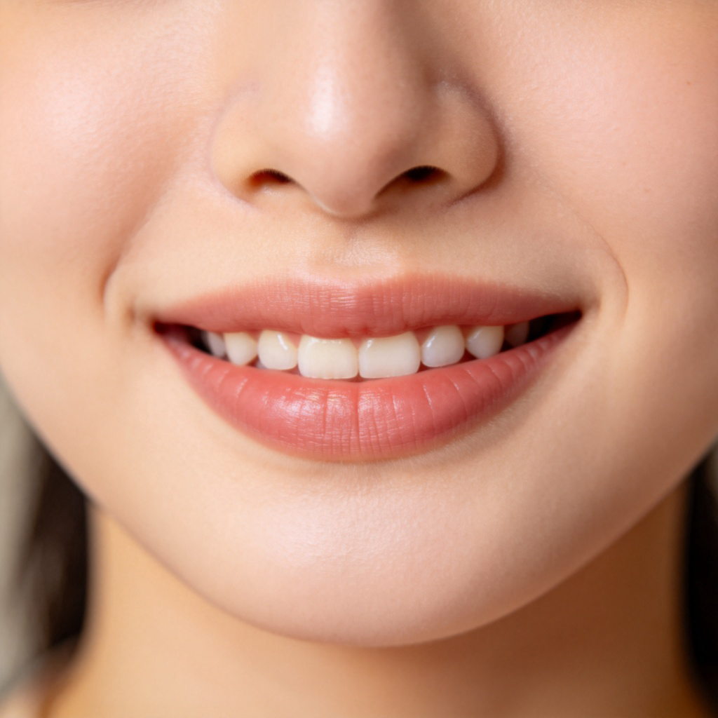A close-up portrait of a young person smiling gently, their lips are soft and natural in color. The focus is sharply on the lips, which are slightly parted, showing a hint of teeth. Warm, soft lighting. Plain, blurred background. No text.