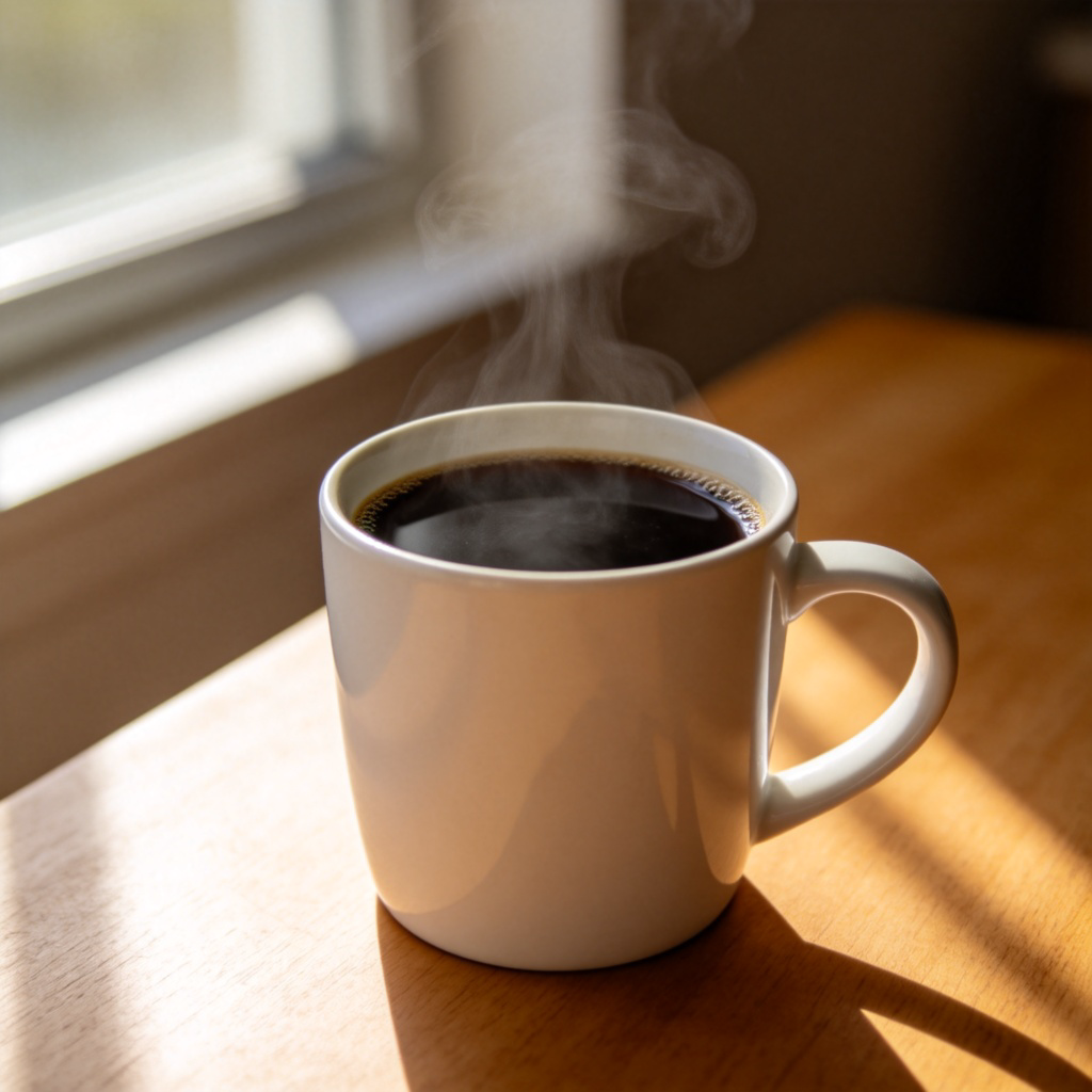 A close-up side view of a plain white ceramic mug. The mug is filled with steaming black coffee, and the liquid is perfectly level with the very top edge (the lip) of the mug. Morning light from a window. Simple wooden table background. No text.