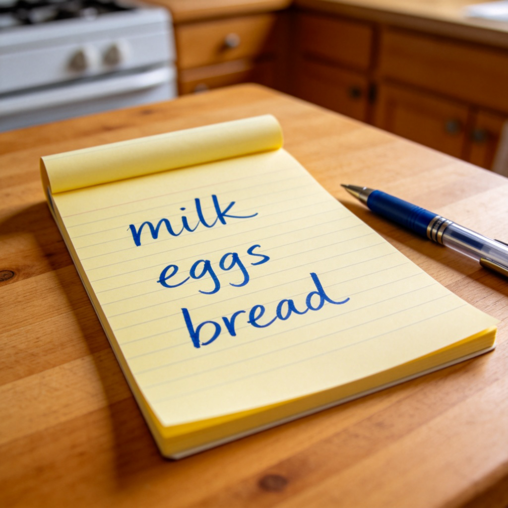 A close-up shot of a handwritten shopping list on a piece of yellow notepaper. The list clearly shows items like 'milk', 'eggs', and 'bread' written in blue ink. The notepad is on a wooden kitchen table, with a pen lying next to it. Natural daylight, focus on the writing. No text or logos in the image.