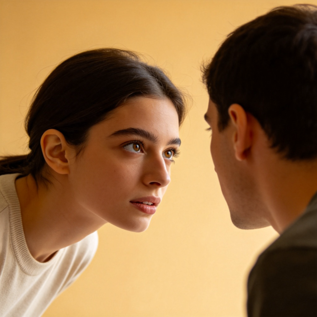 A person leaning forward attentively, making eye contact with another person who is speaking. The listener's body language shows focus, such as a slight head tilt. Plain background, natural lighting, focus on the listener's attentive expression and ear. No text.