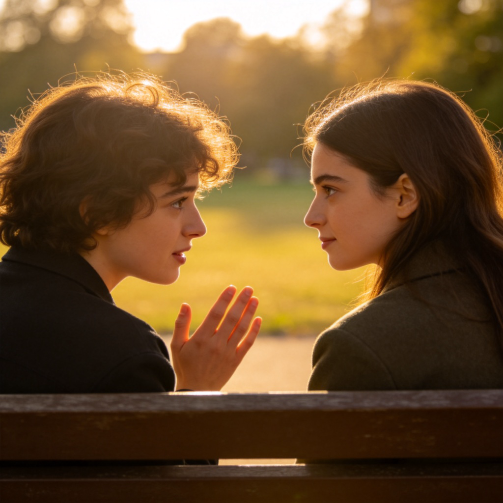 A close-up scene of two friends sitting on a park bench in soft sunlight. One person is talking with gentle hand gestures, looking slightly emotional. The other person, the listener, is turned towards them, making direct eye contact, with a calm and attentive expression, nodding slightly. The background is slightly blurred to focus on their interaction. No text.