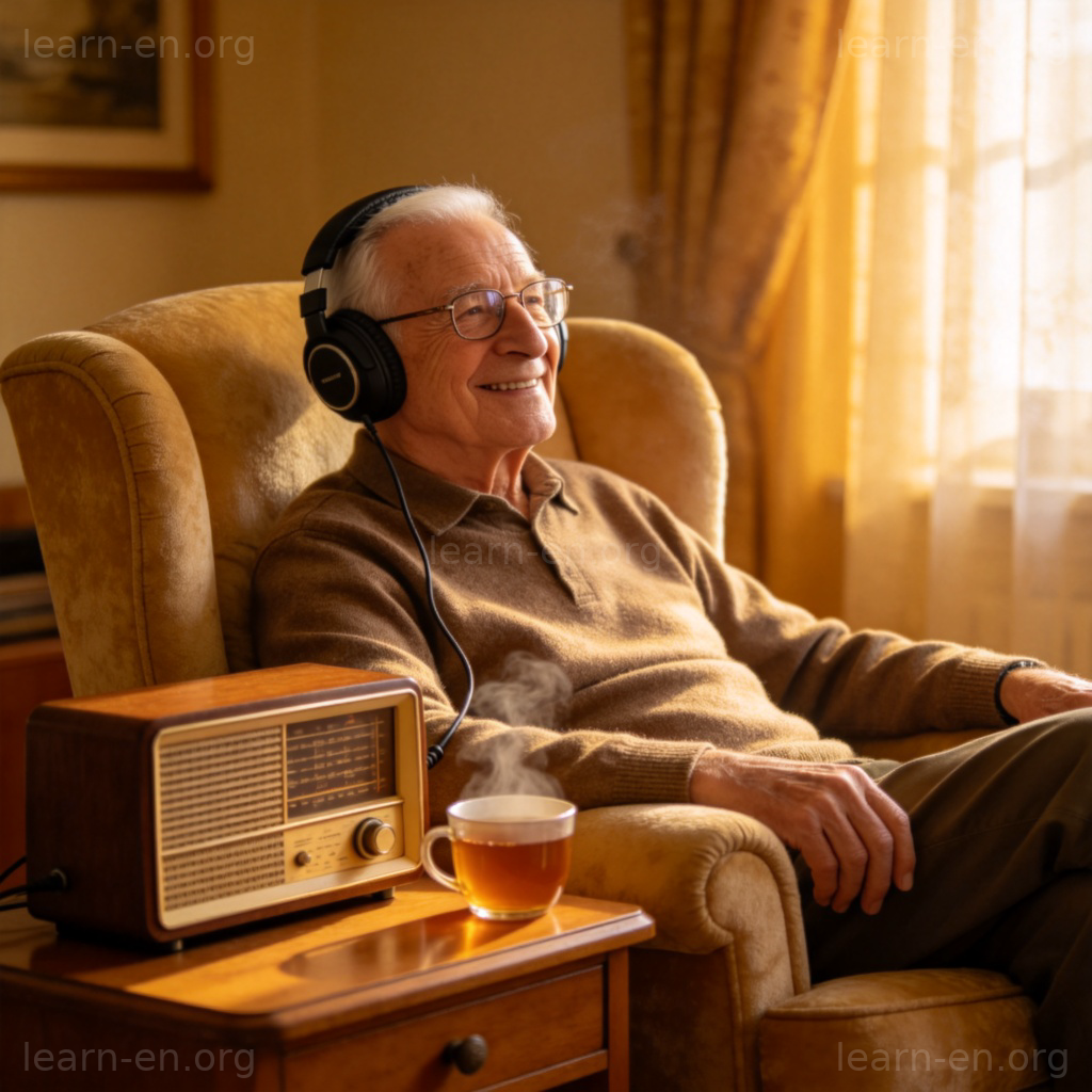 An elderly man with glasses, sitting comfortably in a cozy armchair at home. He is wearing over-ear headphones, connected to an old-fashioned but well-kept radio on a side table. A cup of tea is nearby. He has a relaxed, content smile on his face as he listens. Warm indoor lighting. No text.