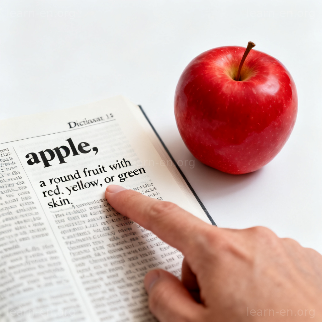Literal meaning illustrated: dictionary definition of apple next to a real apple.