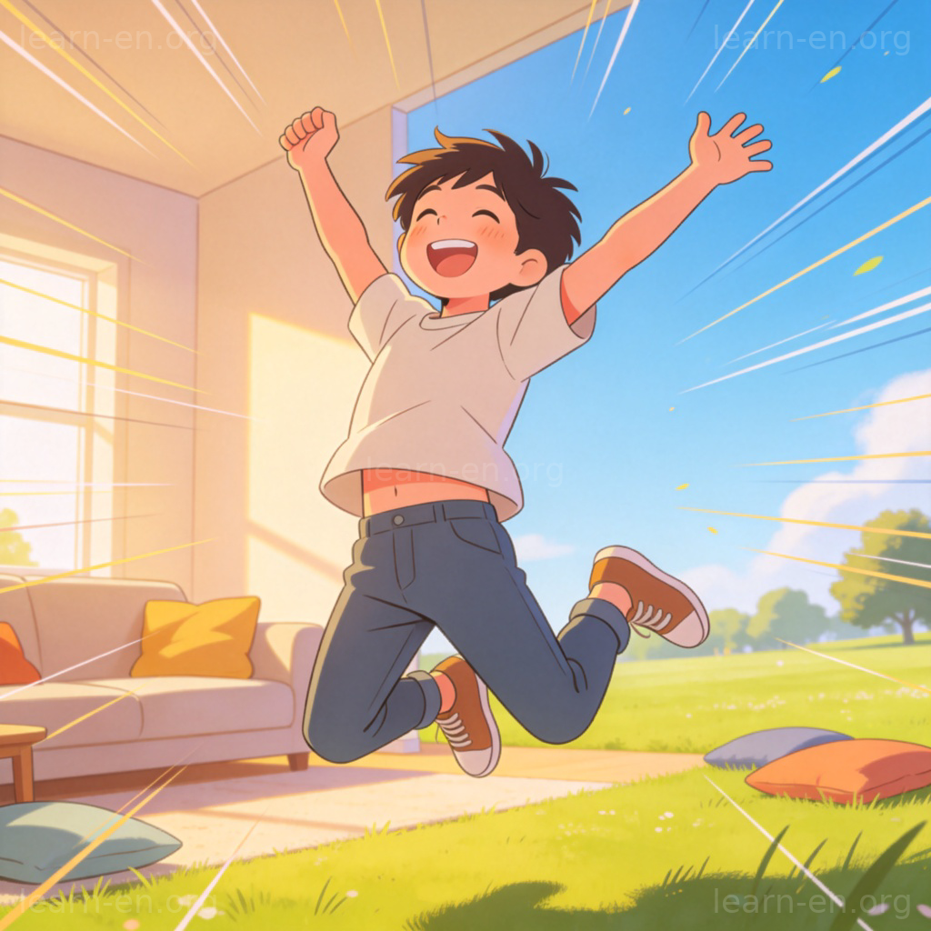 A young person jumping high into the air with an expression of pure joy and excitement, arms thrown up. The background is simple and bright, maybe a living room or a park. The focus is on the exaggerated, joyful action, capturing the feeling of "jumping for joy." Style: lively, cartoonish illustration or dynamic photograph.