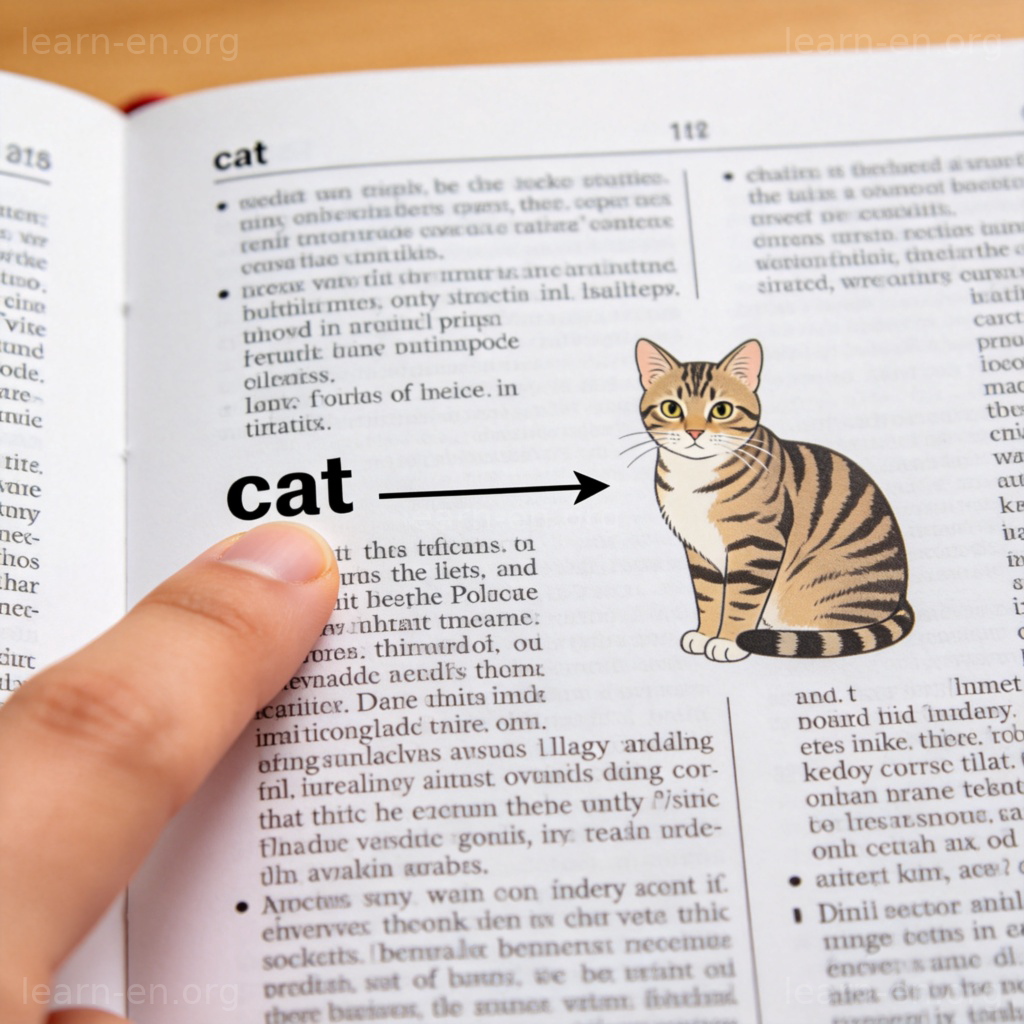 A close-up of a person's finger pointing to the word "cat" in an English dictionary. Next to it, a clear, simple illustration of a real cat (like a photograph of a tabby cat) is shown, with a direct arrow connecting the word to the picture. The background is a clean, white dictionary page. Style: clear, educational infographic.