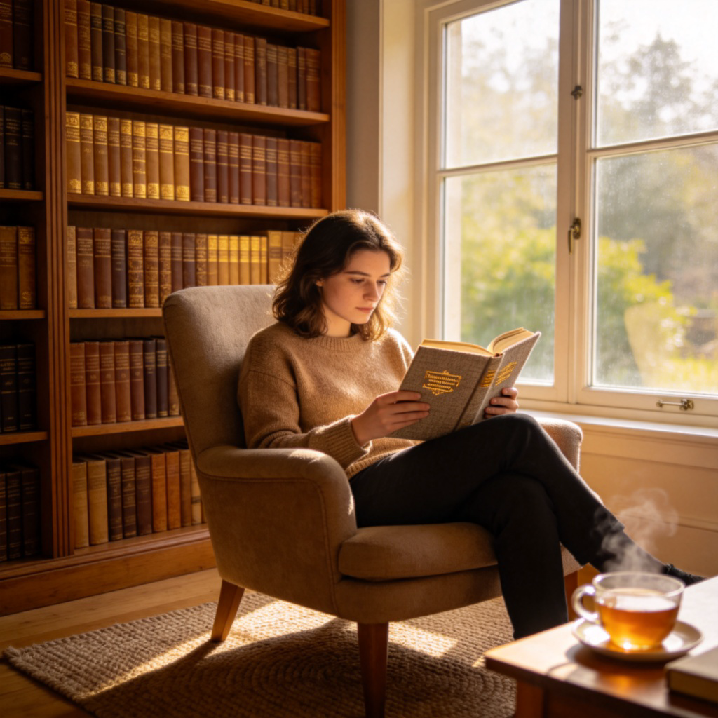 A person sitting in a cozy armchair by a window, deeply engrossed in reading a hardcover book. A wooden bookshelf filled with classic titles in the background. Soft sunlight streams in, creating a warm and peaceful atmosphere. No text or logos.