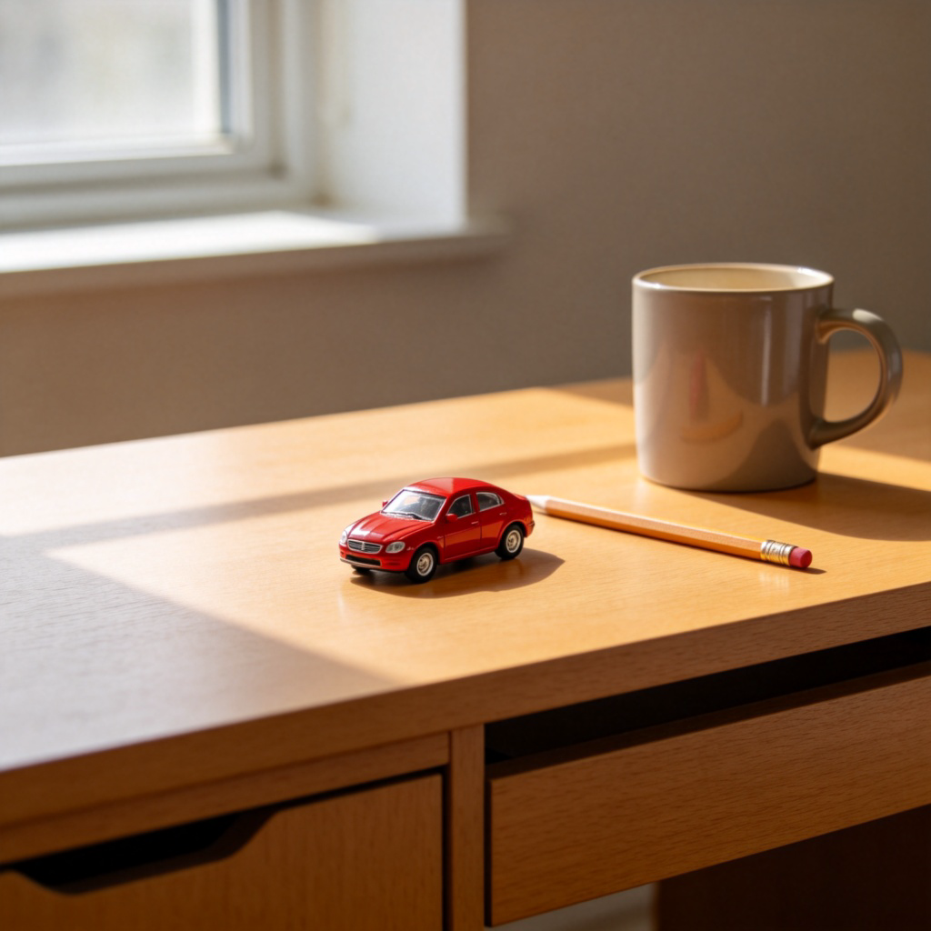 A small, red toy car sitting on a wooden desk next to a normal-sized pencil and a coffee mug. The toy car is clearly much smaller than the other objects, emphasizing its size. Natural light from a window, clean and simple composition. No text or numbers visible.