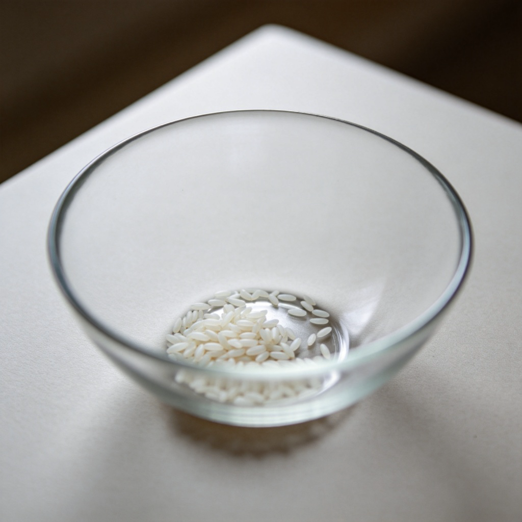 A close-up of a nearly empty, clear glass bowl on a table. Inside the bowl are only a few grains of white rice, highlighting the concept of a very small quantity. Soft overhead lighting, minimalist setting. No text or logos.