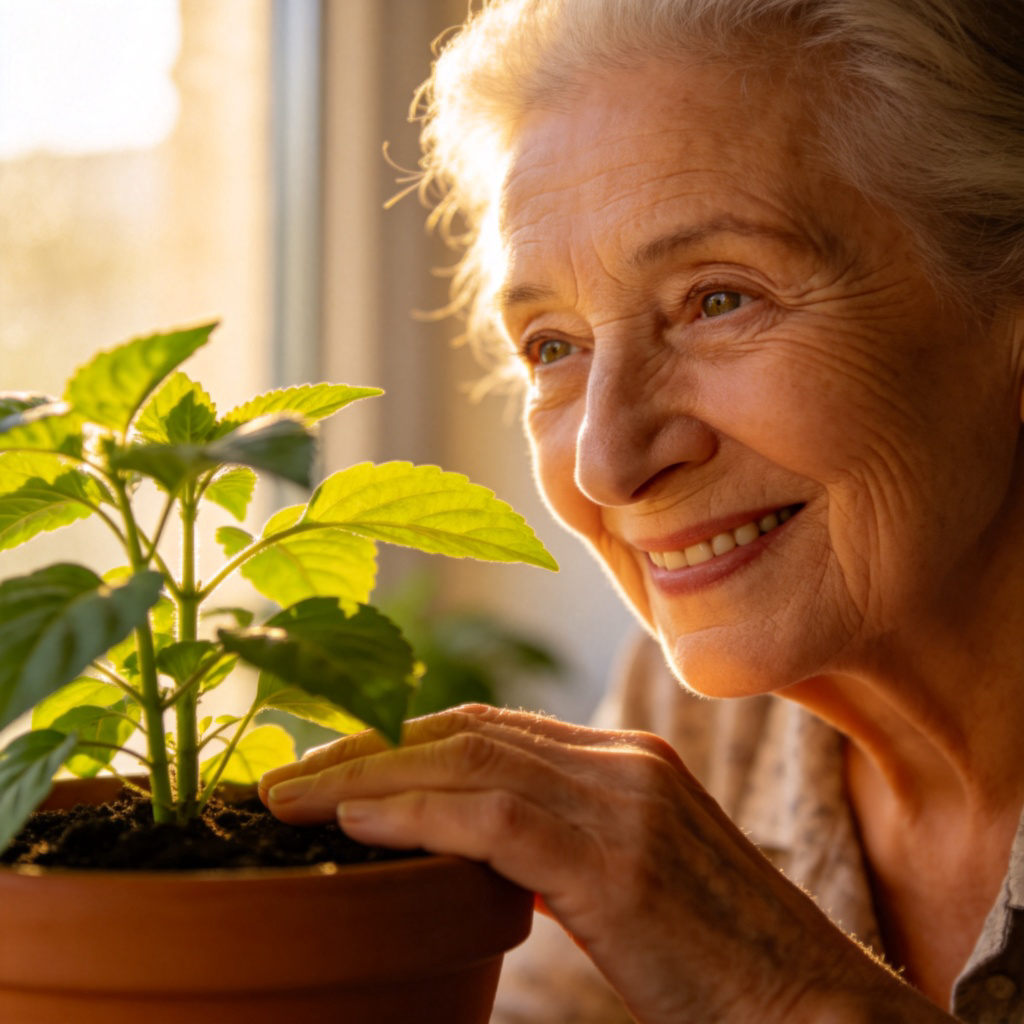 A close-up shot of a smiling elderly person with kind eyes and warm wrinkles, gently placing a hand on a potted green plant. Soft sunlight from a window. The focus is on the connection between the living person and the living plant. No text.