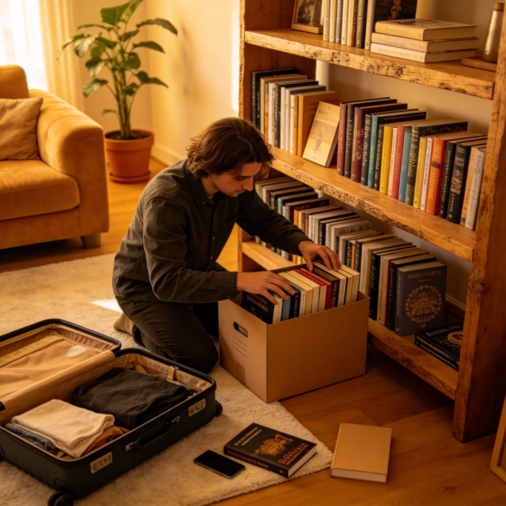 A cozy, well-lit living room with a person unpacking a box of books onto a shelf. A suitcase is open on the floor nearby. It looks like someone is moving into their new home. Warm, inviting atmosphere. No text.