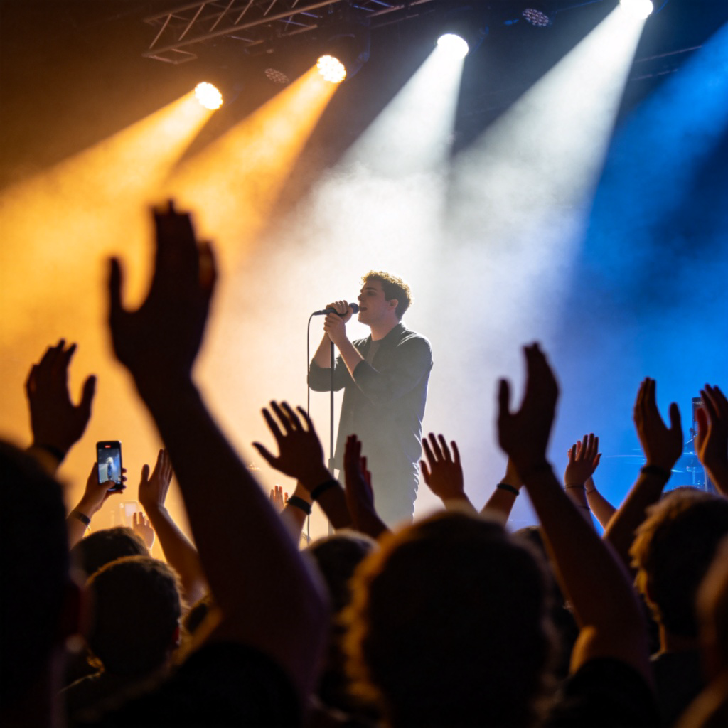 A dynamic concert scene from the audience's perspective. A musician is on stage under bright spotlights, singing into a microphone. The crowd's hands are raised in the foreground. Energetic and immersive feeling. No text.
