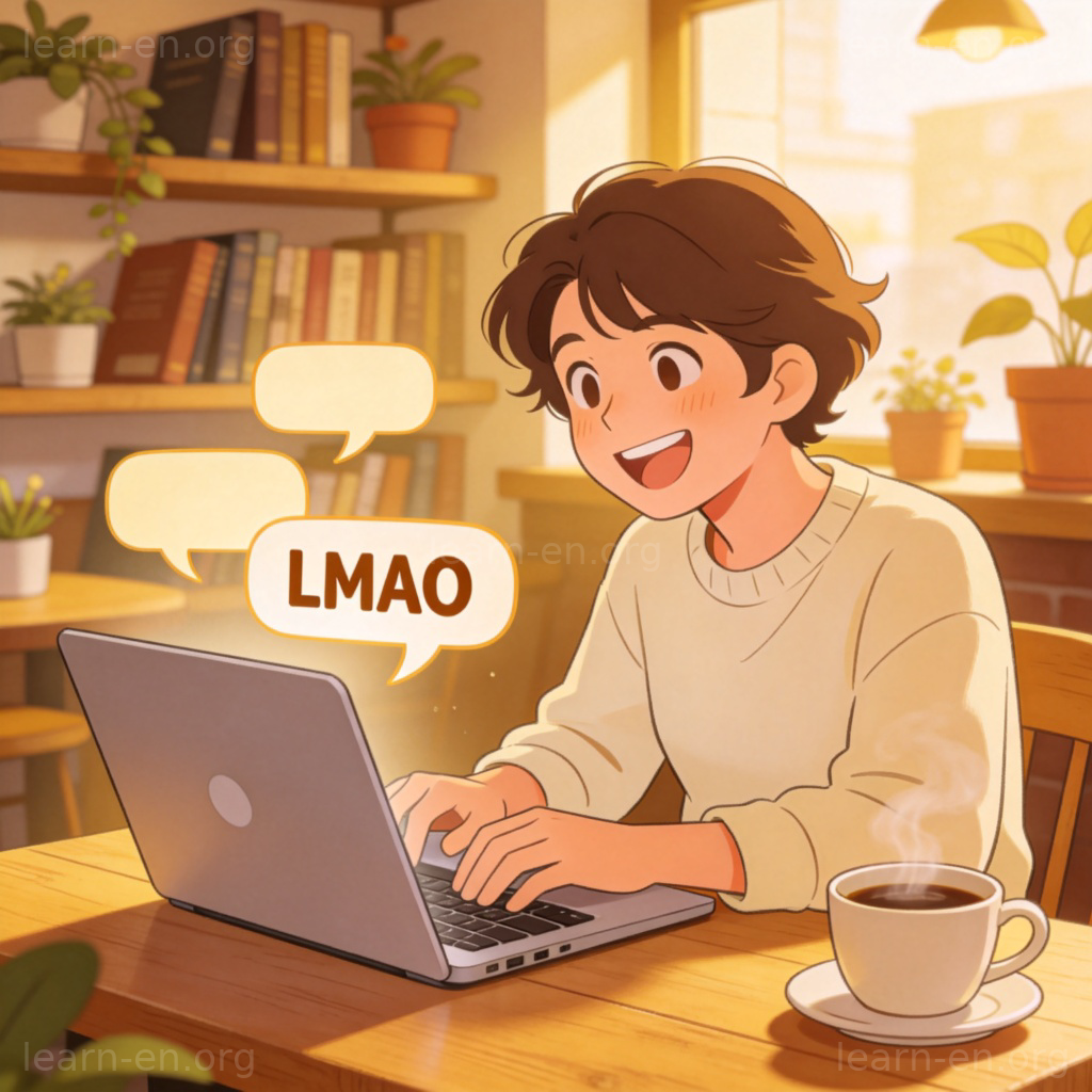 Person smiling while typing LMAO in chat bubble on laptop in cafe