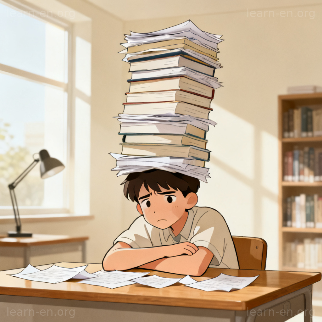 Student with a heavy workload symbolized by a tall stack of books and papers.