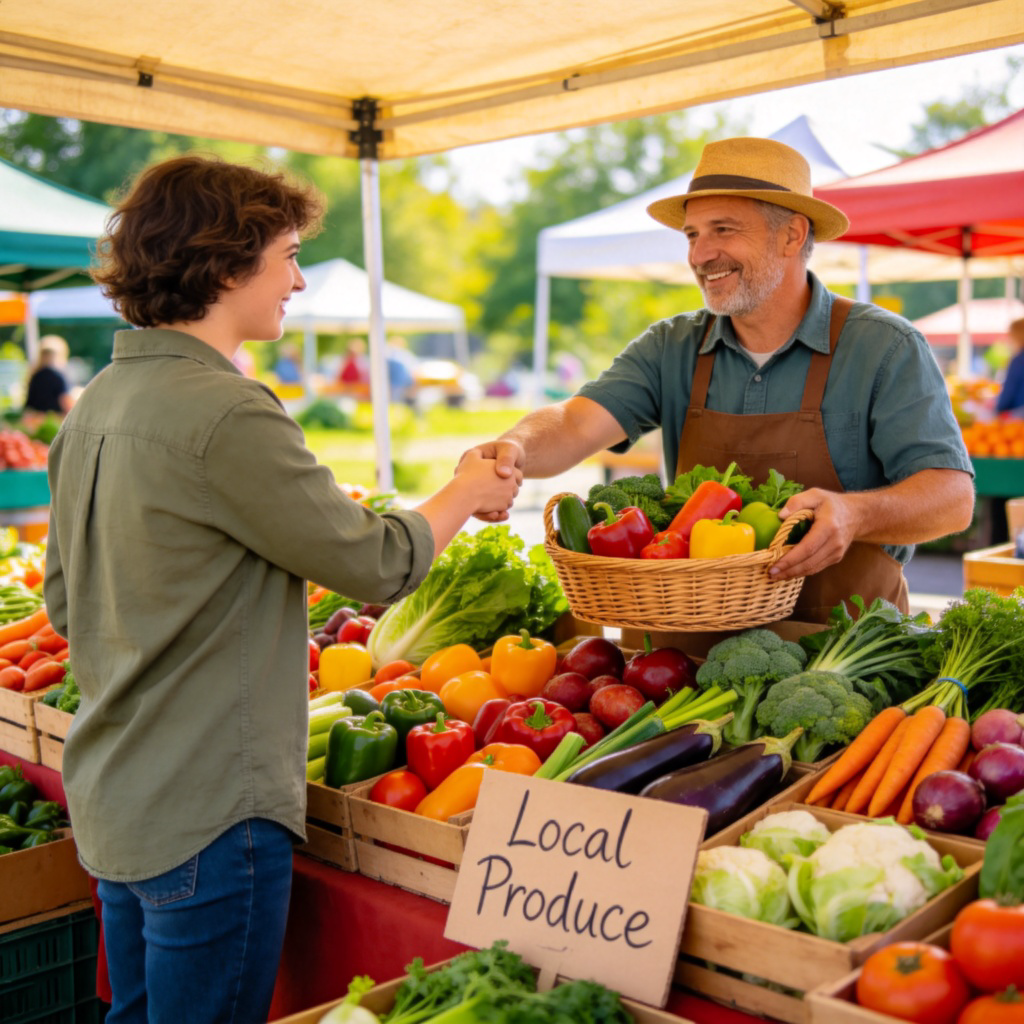 A person standing at a colorful outdoor market stall, buying fresh vegetables from a farmer. The stall has a handwritten sign that says "Local Produce". The scene is bright and welcoming, showing community interaction. No text on the image itself.