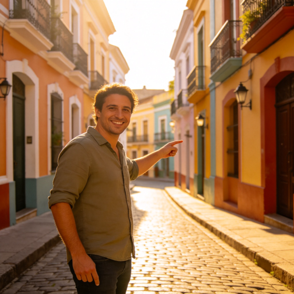 A friendly person, smiling and pointing down a charming, sunlit street, as if giving directions to someone off-camera. They look comfortable and knowledgeable, clearly at home in the environment. The background shows distinctive local architecture.