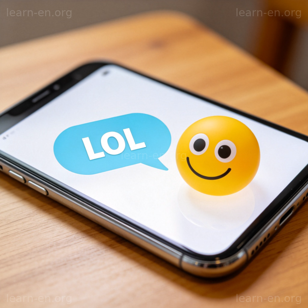 LOL in chat bubble with smiling emoji on phone screen
