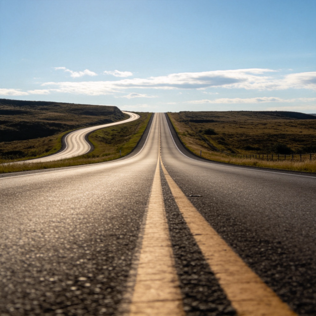 A single, winding country road or a straight highway stretching far into the distance, under a blue sky with a few clouds. The road is the main subject, emphasizing its continuous length from the foreground to the horizon. Realistic photography style, natural daylight. No vehicles or text in the center.