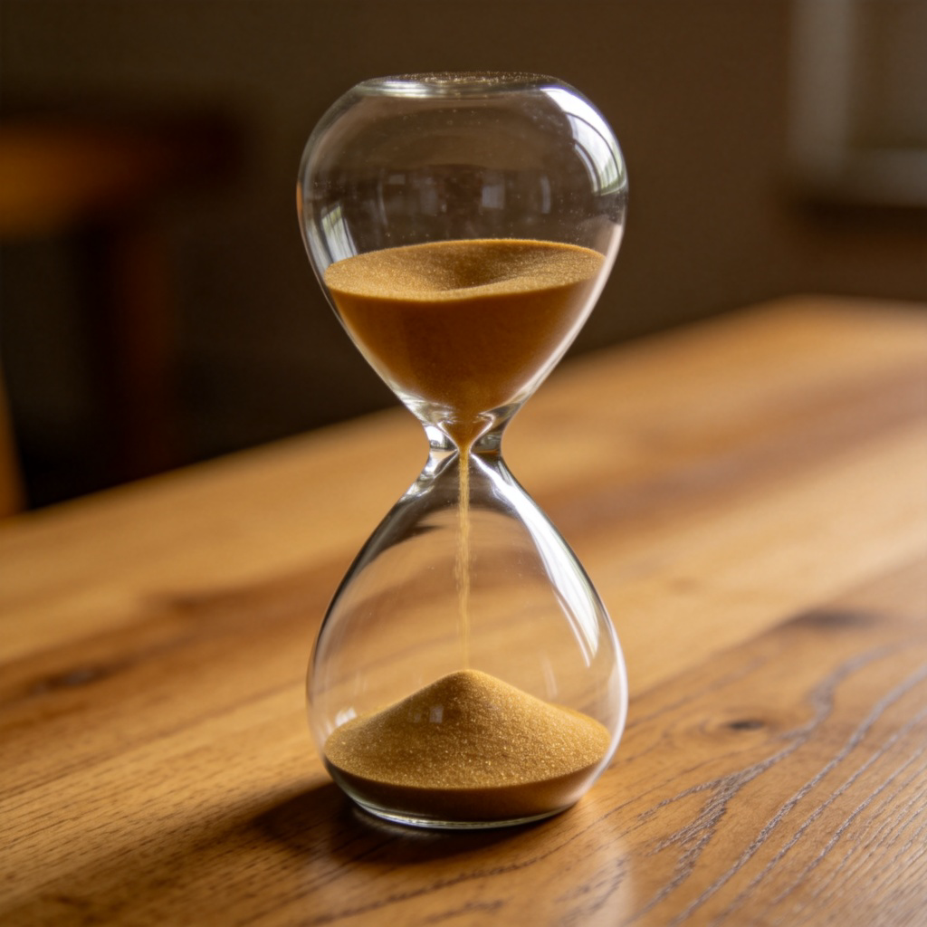 A close-up side view of a traditional hourglass on a wooden table, with most of the sand having flowed from the top bulb to the bottom bulb, indicating a significant amount of time has passed. Warm, soft lighting creates a calm atmosphere. No text or numbers.