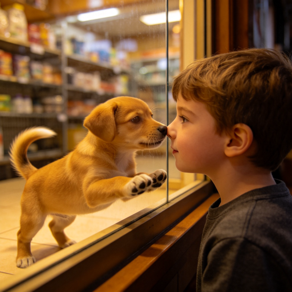 A child standing with their nose pressed against the glass of a pet shop window, looking longingly at a playful puppy inside. The focus is on the child's hopeful expression and the puppy. The background is slightly blurred. Realistic style, warm indoor lighting. No text.