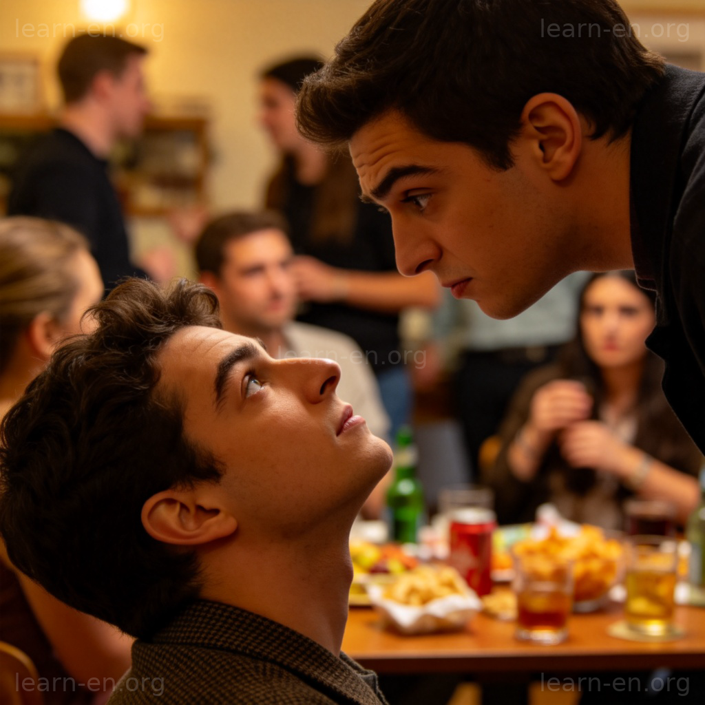 Look down one's nose at someone 短语图解：傲慢者仰鼻轻视他人的社交场景