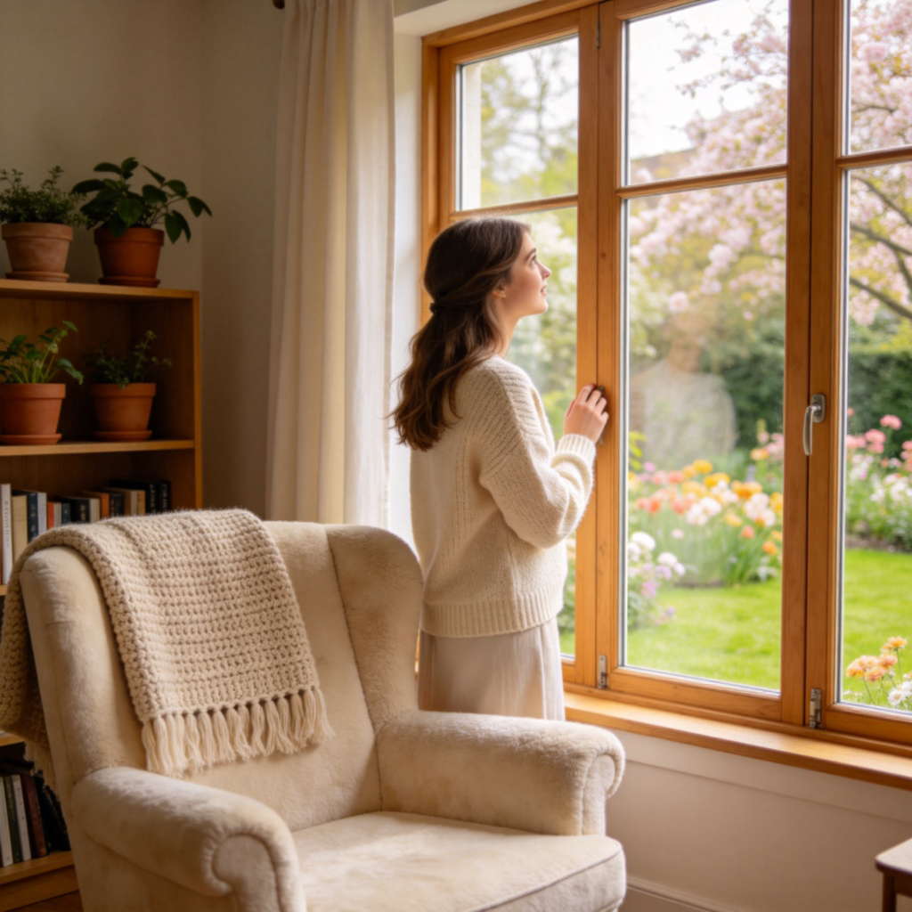 A young woman in a cozy room is standing by a large window. She has turned her head and is looking outside with curiosity, her gaze directed at something in the garden. Soft daylight from the window. No text in the scene.