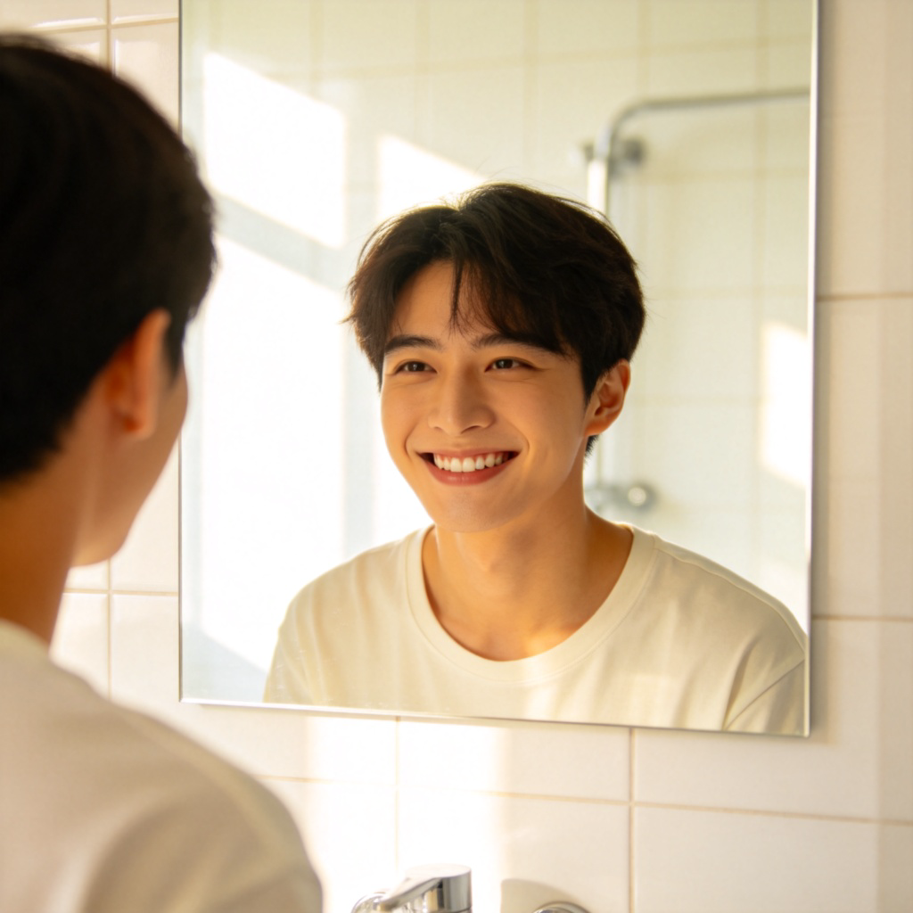 A person standing in front of a mirror, checking their appearance. They have a bright, happy smile and are wearing casual, fresh clothes, giving the impression of feeling good. Well-lit bathroom, clean background. No text.