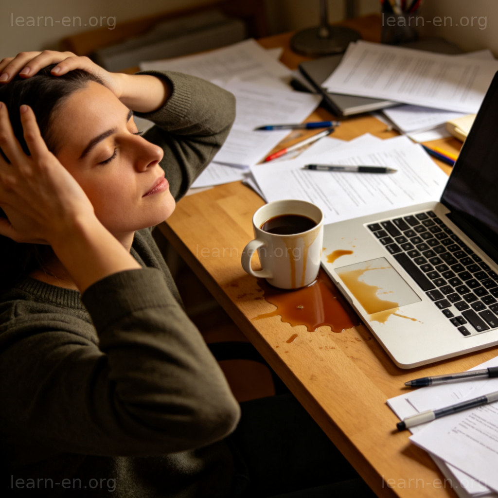 lose it 情绪失控图解：人物在凌乱书桌前深呼吸