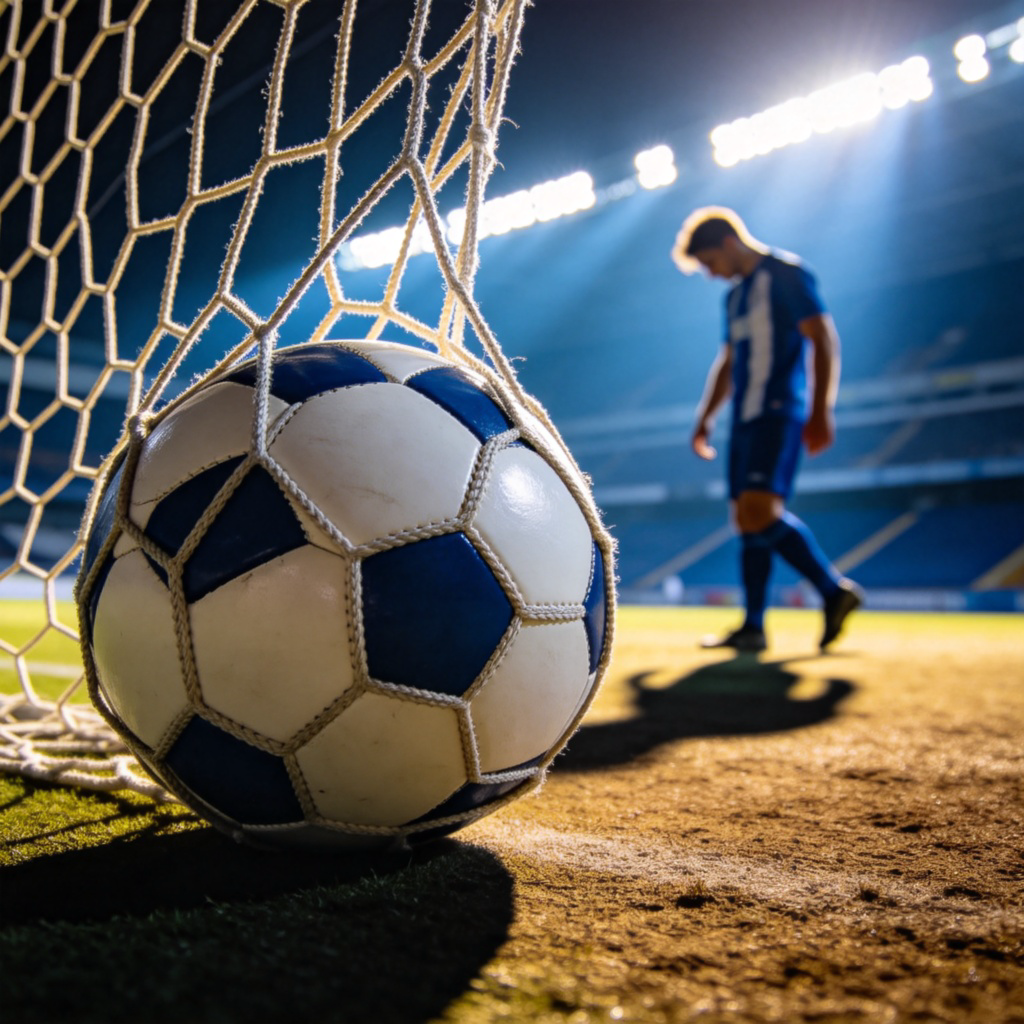 A close-up of a soccer ball resting in the back of a net, with a player from the losing team in the background walking away with a slightly disappointed but respectful posture. The scene is in a stadium under bright lights. No text.